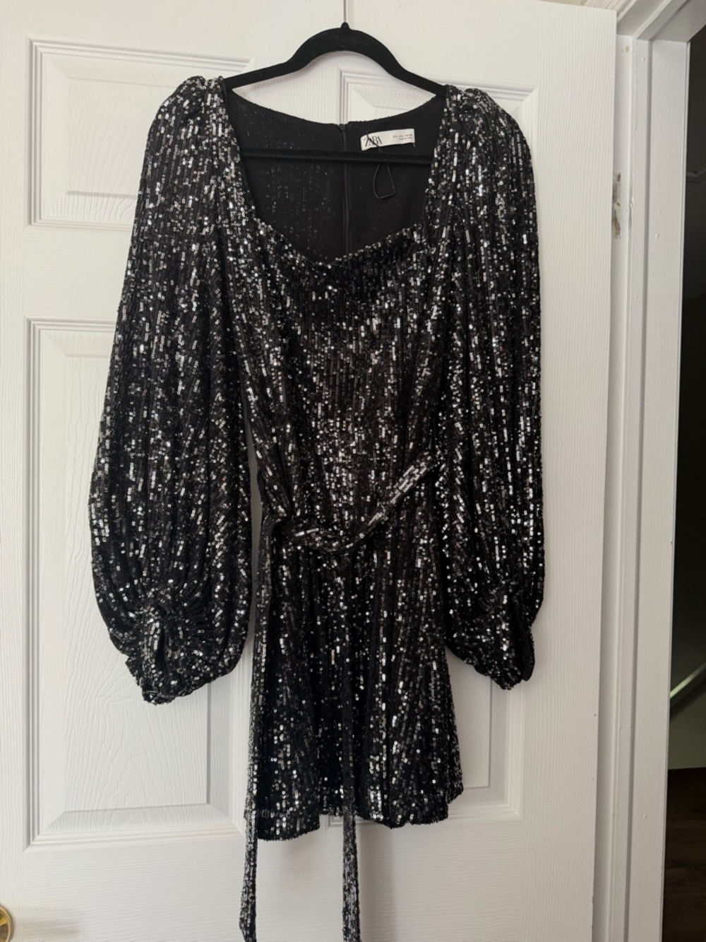Zara Black Sequin Mini Dress with Puff Sleeves